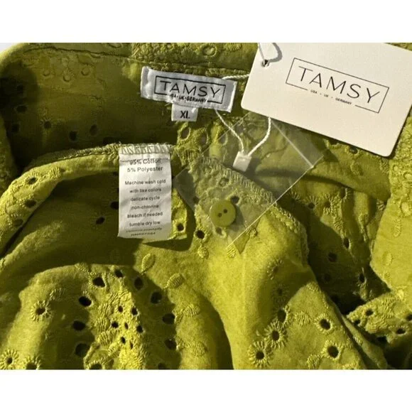 NEW TAMSY Womens XL Erin Eyelet‎ Embroidered Tunic Top Olive Collared Buttons - Picture 9 of 10